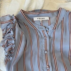 Striped Frame Silk Blue Button Front Blouse